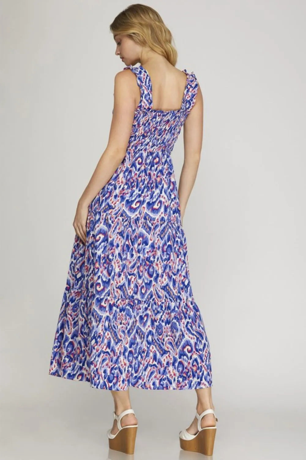Full Size Smocked Printed Wide Strap Tiered Dress Plus Size - Royal Blue - product view 2