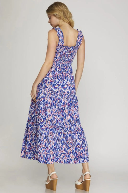 Full Size Smocked Printed Wide Strap Tiered Dress Plus Size - Royal Blue - product view 2