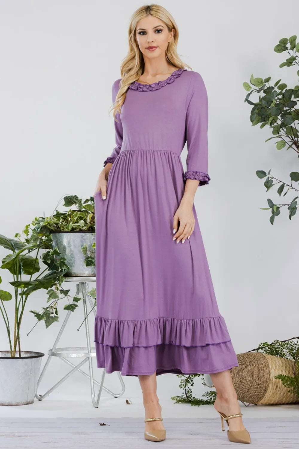 Full Size Layered Ruffle Hem Dress with Pockets in Lilac - product view 3