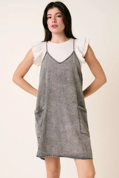 Washed Patch Pocket Mini Cami Denim Dress in Gray - product view 1