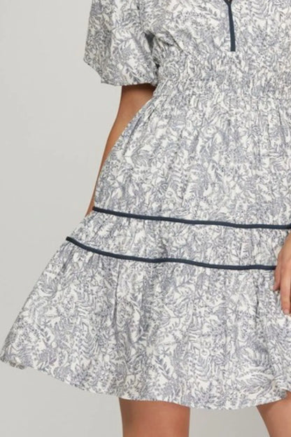 Full Size Printed V-Neck Puff Sleeve Tiered Dress Plus Size - Deep Teal - product view 3