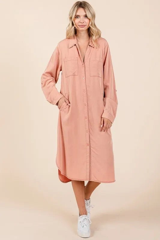 Button Down Long Sleeve Shirt Dress in Burnt Coral - product view 2