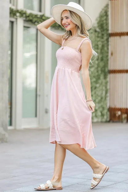 Smocking Open-Back Sleeveless Midi Dress in Pale Pink - product view 6