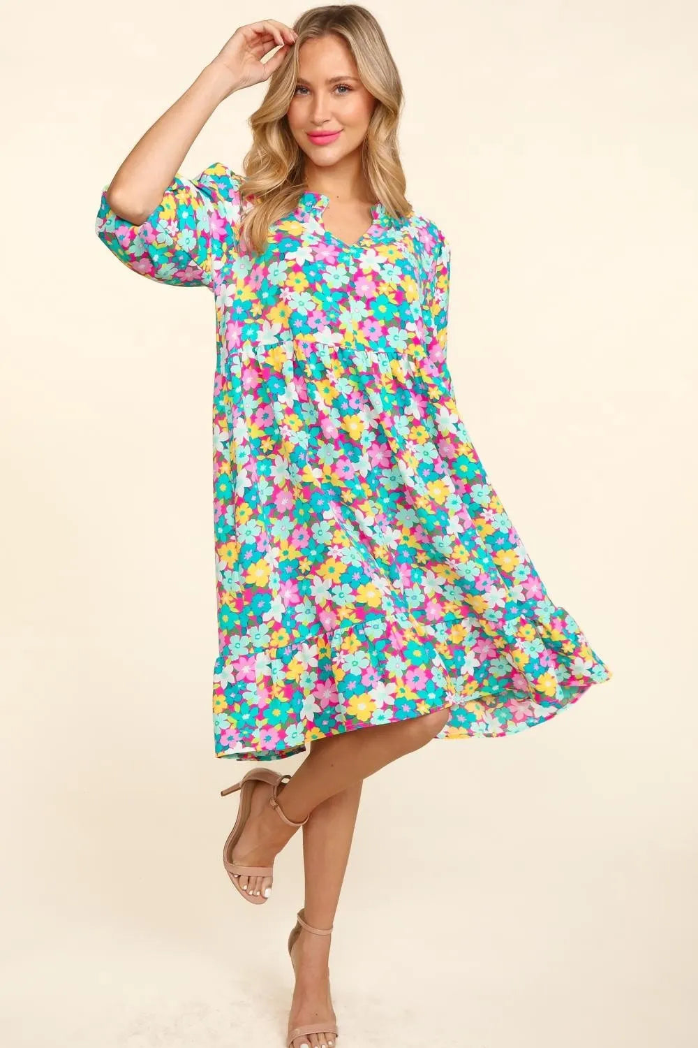 Bubble Sleeve Floral Ruffled Dress in Mint/Fuchsia - product view 4