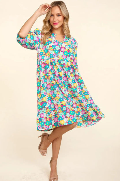 Bubble Sleeve Floral Ruffled Dress in Mint/Fuchsia - product view 4
