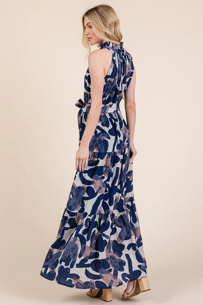Abstract Halter Neck Tie-Waist Tiered Maxi Dress in Navy Combo - product view 2