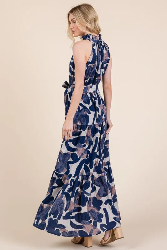 Abstract Halter Neck Tie-Waist Tiered Maxi Dress in Navy Combo - product view 2