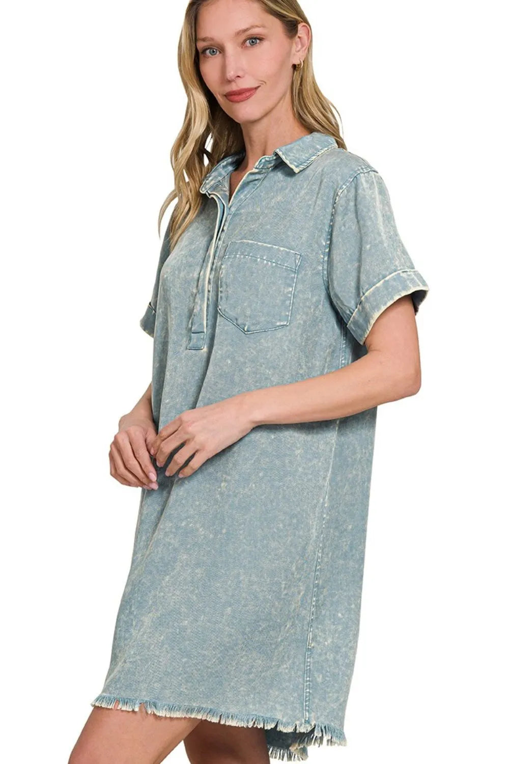 Tencel Mineral Washed Collared Shirts Dress - Blue Grey - product view 2