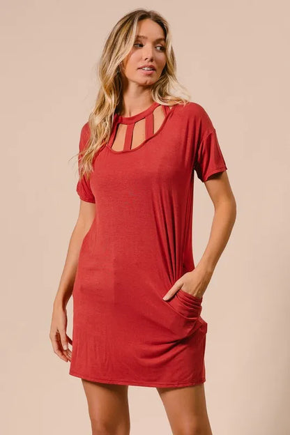 Front Cutout Mini Tee Dress with Pockets in Ginger - product view 4