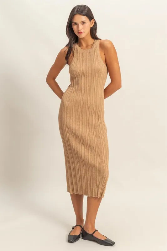 Round Neck Bodycon Ribbed Knit Dress - Dark Taupe - product view 2
