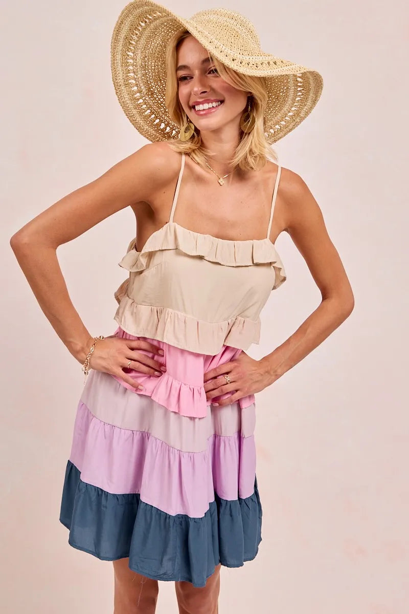 Color Blocked Tiered Dress - Cream/Pink/Lilc/Teal - product view 6