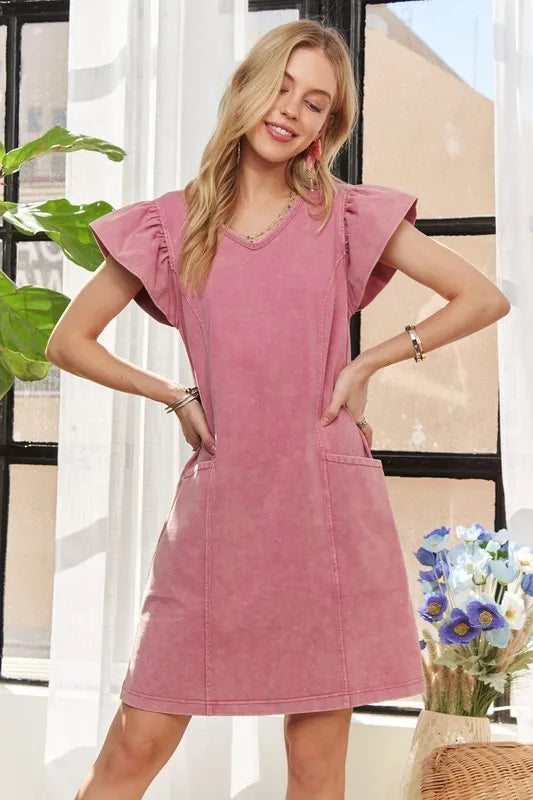 Mineral Washed V-Neck Ruffled Cap Sleeve Dress in Mauve - product view 2
