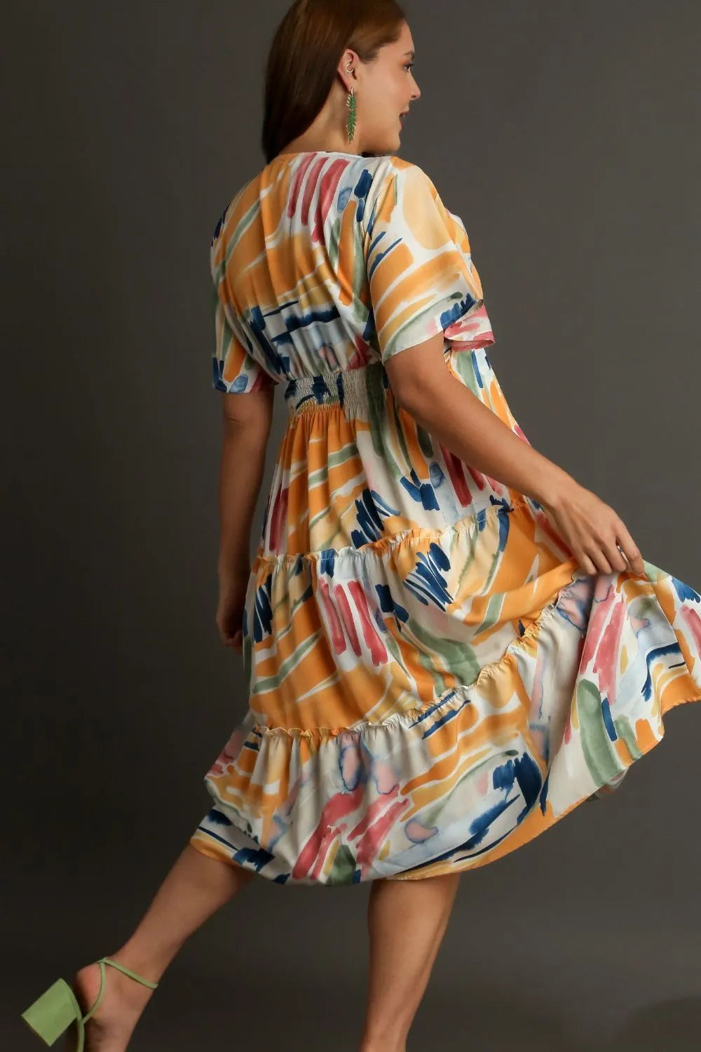 Full Size Abstract Print Flutter Sleeve Frill Tiered Midi Dress Plus Size in Tangerinemix - product view 8