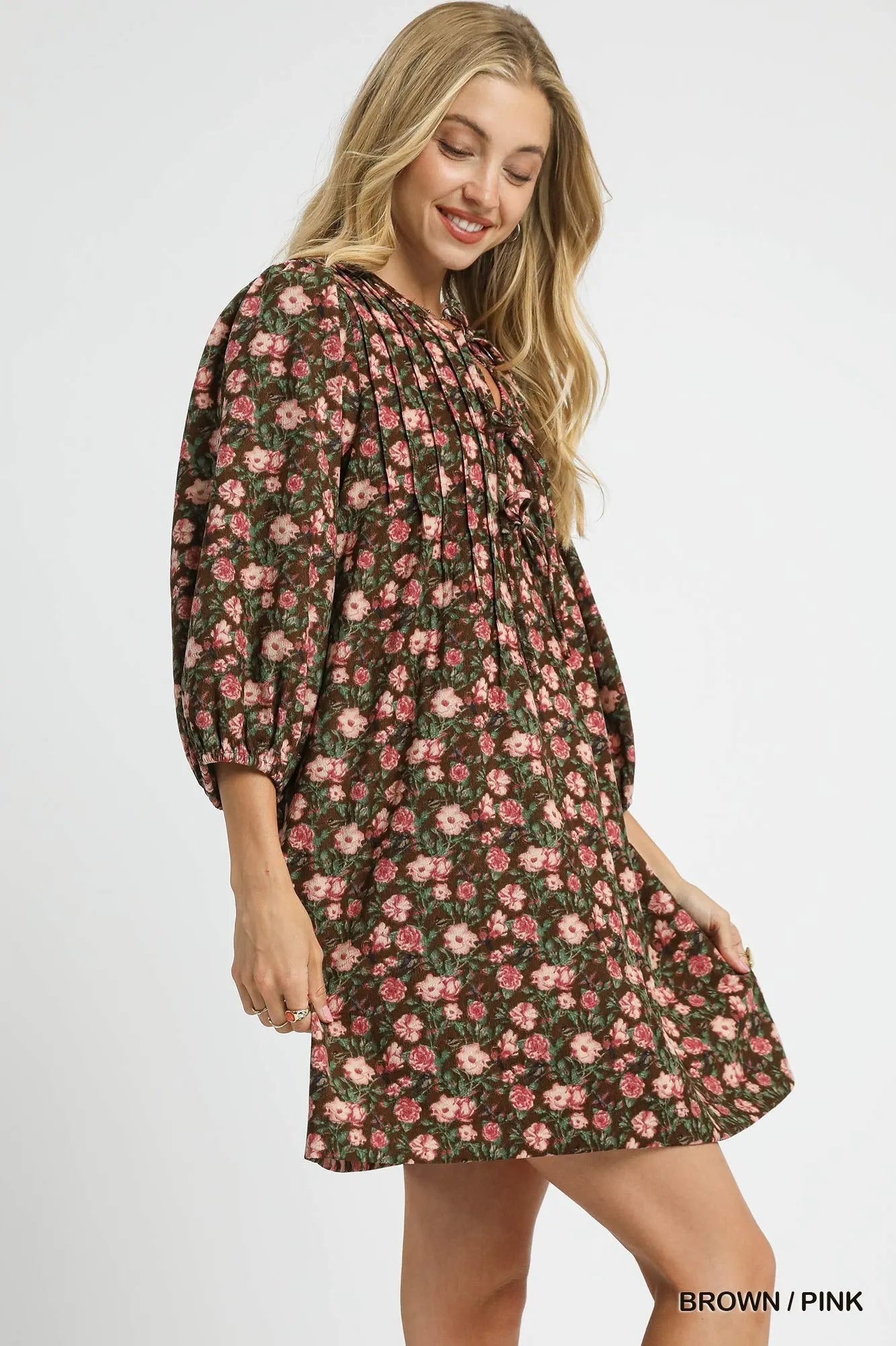 Floral Tie-Neck Babydoll Dress in Brown / Pink - product view 3