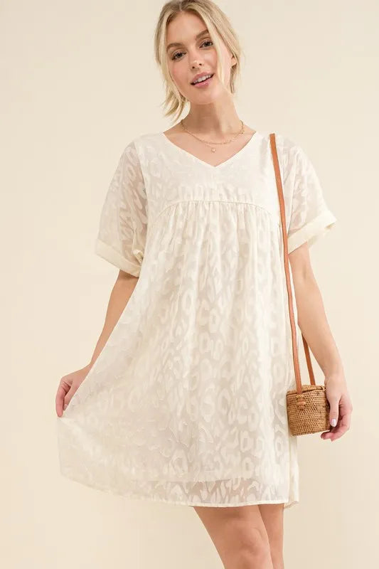 Woven Leopard Baby Doll Roll-Sleeve Casual Dress - White - product view 1