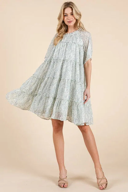 Ditsy Floral Print Sheer Ruffle Detail Mini Dress in Ivory Combo - product view 9