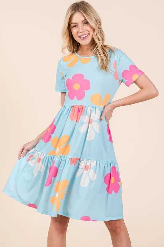 Floral Round Neck Short Sleeve Tiered Dress - Pastel Blue - product view 1