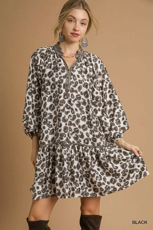Leopard Print Tiered Mini Dress - Black - product view 1