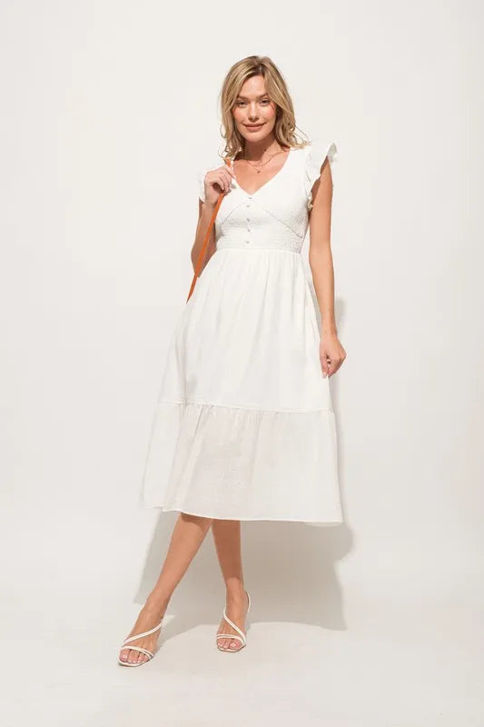 Ruffle Sleeve Front Smocked Tiered Midi Dress in Off White - product view 7