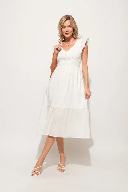 Ruffle Sleeve Front Smocked Tiered Midi Dress in Off White - product view 7