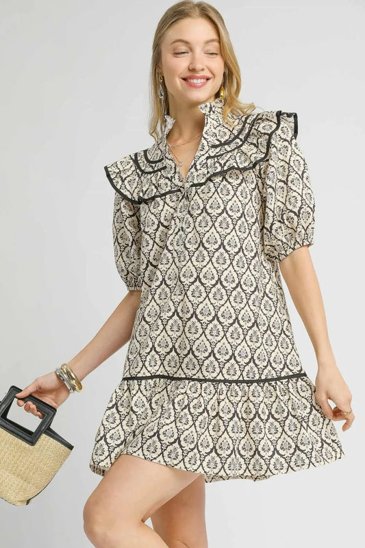 Ruffled Printed Puff Sleeve Mini Dress - Black - product view 1