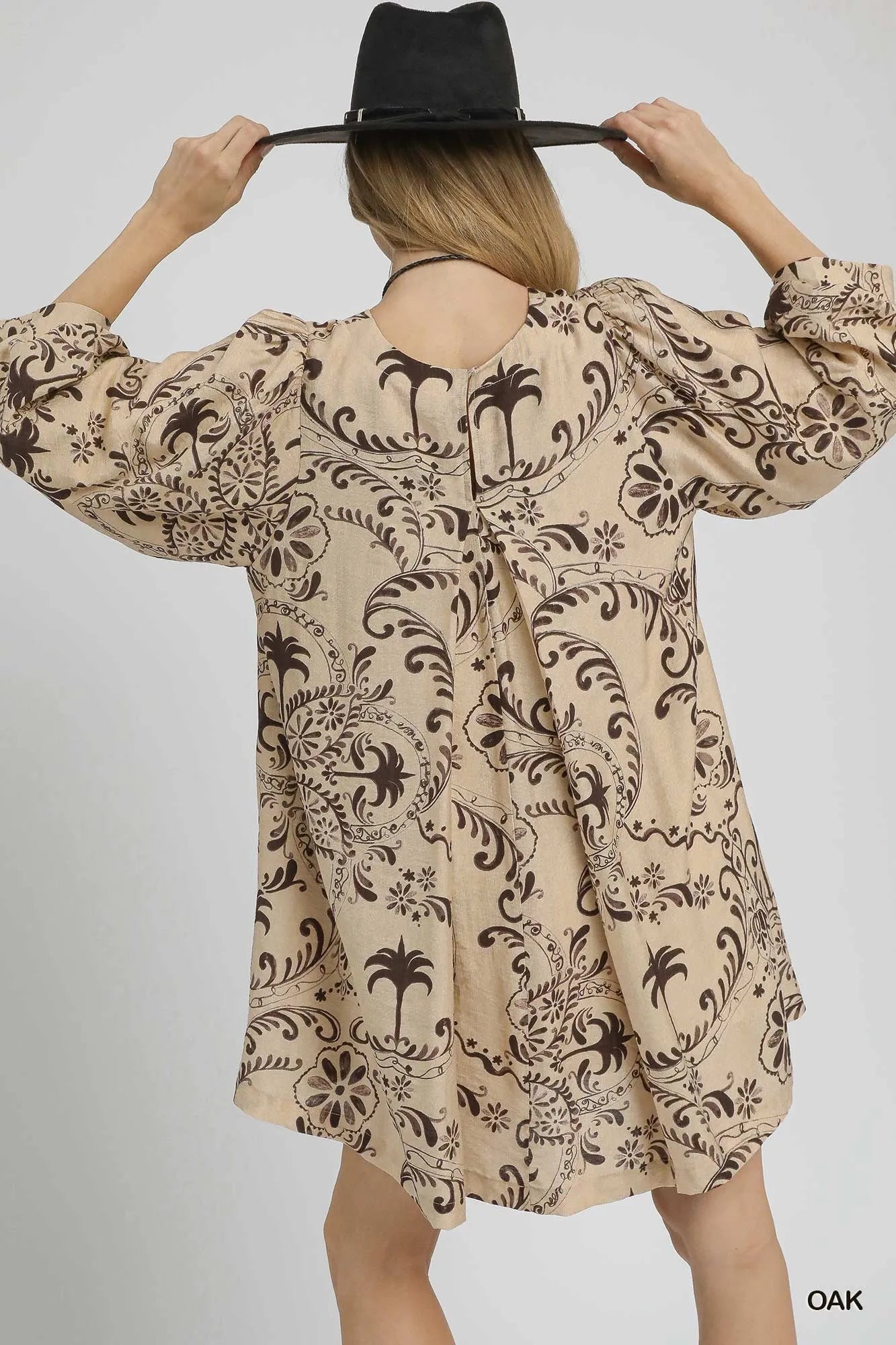 Boho Printed Balloon Sleeve Mini Dress - Oak - product view 3
