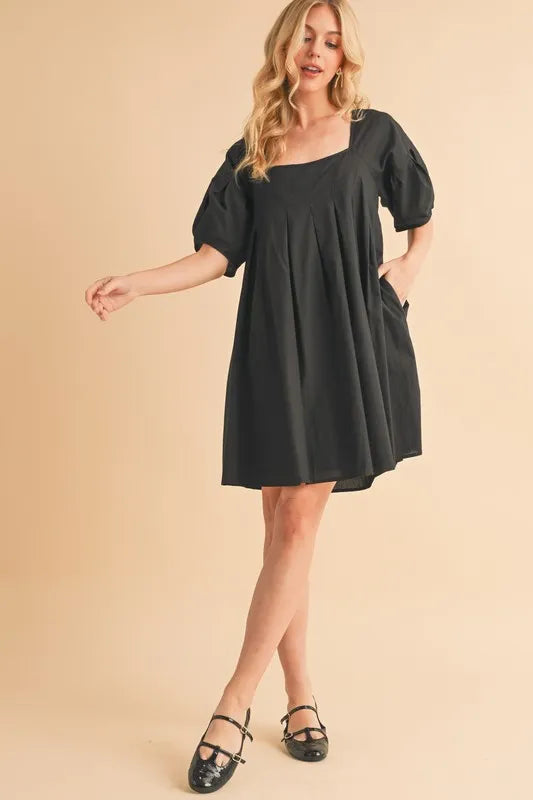 Square Neck Babydoll Dress with Pockets - Black - product view 9