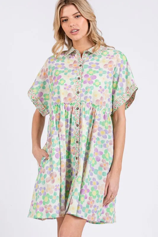 Floral Babydoll Short Sleeves Dress in Gum Leaf - product view 2