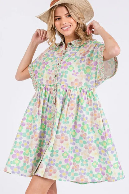 Floral Babydoll Short Sleeves Dress in Gum Leaf - product view 5