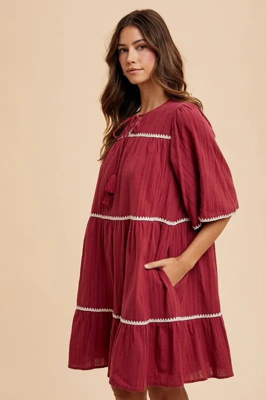 Tassel Contrast Trim Tie Neck Half Sleeve Tiered Dress - Burgundy - product view 2