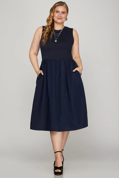 Full Size Sleeveless Poplin Woven Midi Dress with Pockets Plus Size - Dark Navy - product view 4
