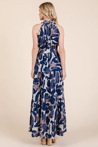 Abstract Halter Neck Tie-Waist Tiered Maxi Dress in Navy Combo - product view 3