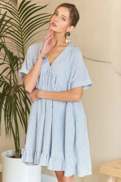 Ruffled Hem Striped V-Neck Babydoll Dress in Light Blue - product view 1