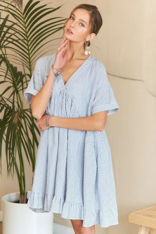 Ruffled Hem Striped V-Neck Babydoll Dress in Light Blue - product view 1