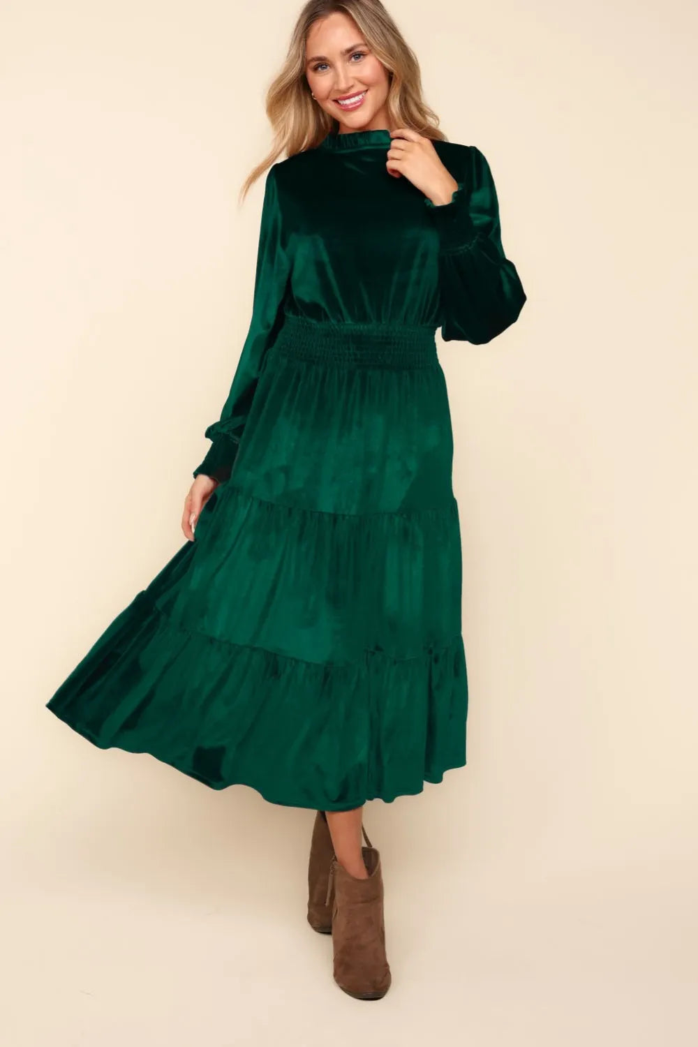 Mock Neck Smocked Waist Velvet Tiered Dress in Hunter Green - product view 1