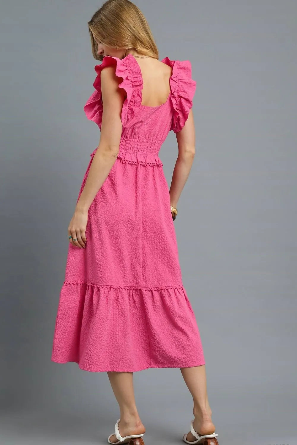 V-Neck Ruffled Cap Sleeve Midi Dress in Hot Pink - product view 4