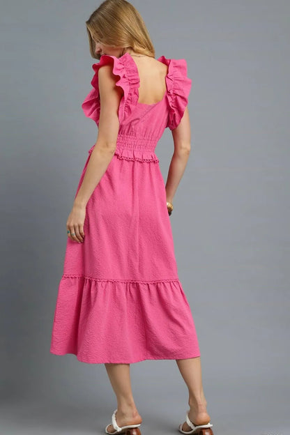 V-Neck Ruffled Cap Sleeve Midi Dress in Hot Pink - product view 4