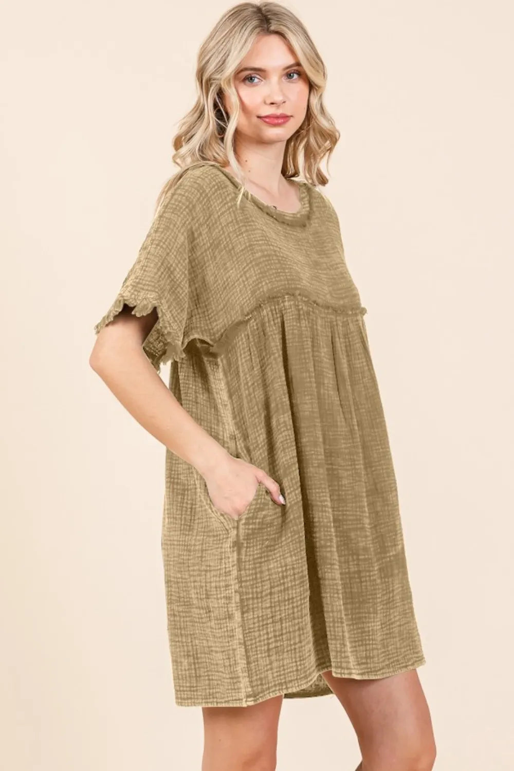 Full Size Short Sleeve Babydoll Texture Dress with Pockets - Iced Coffee - product view 3