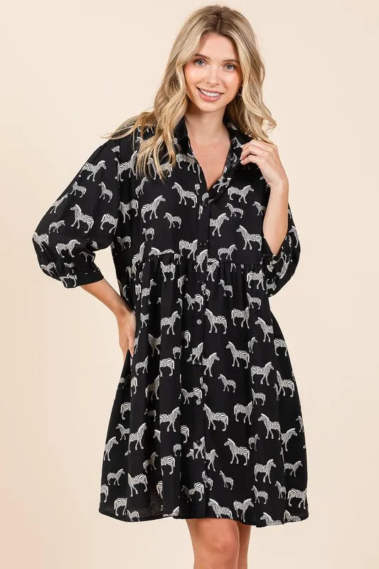 Zebra Print Button Down Shirt Mini Dress - Black - product view 2
