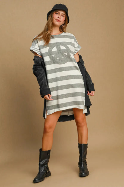 Peace Applique Striped Short Sleeve Mini Dress - Gray - product view 4
