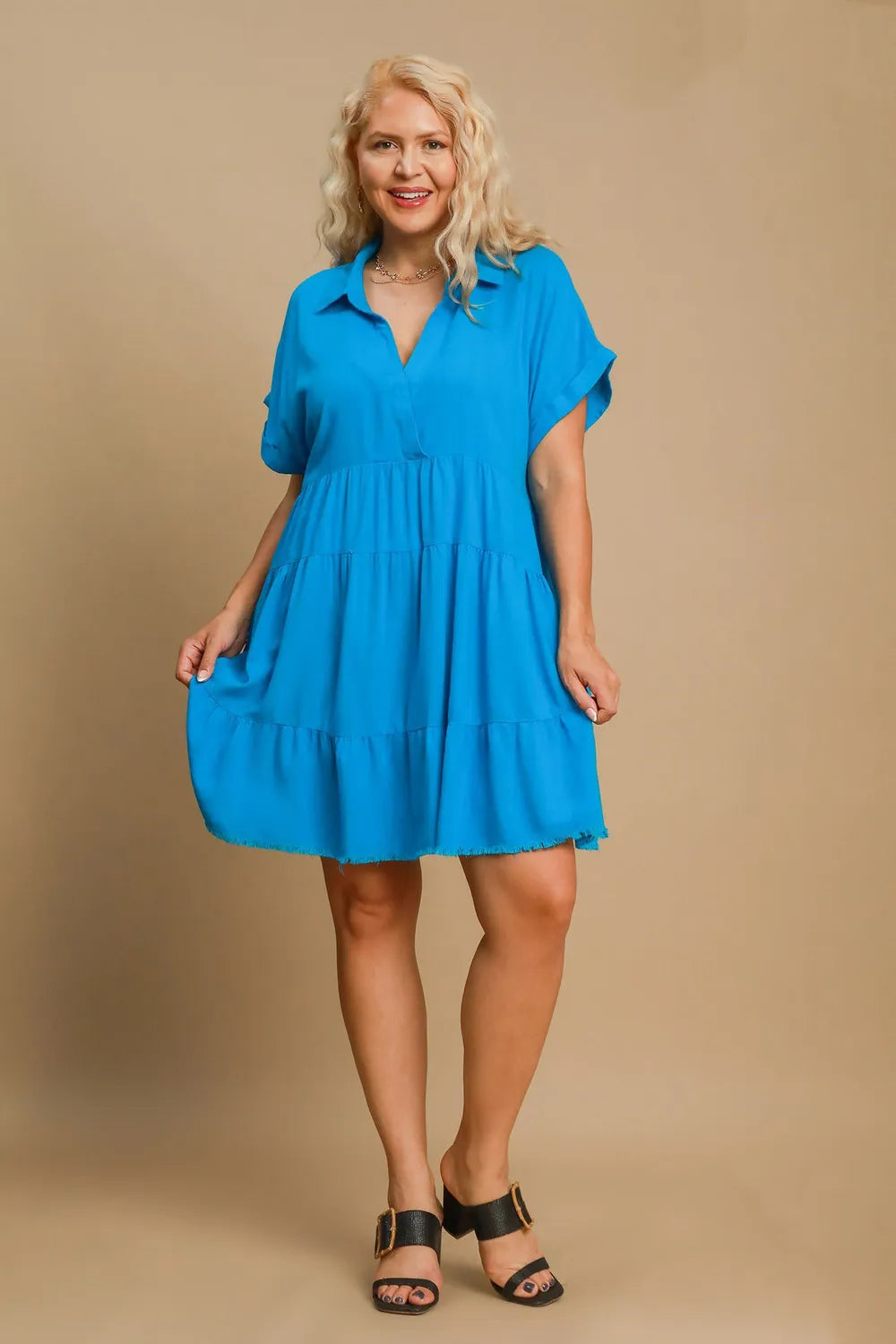 Full Size Raw Hem Folded Sleeve Tiered Dress Plus Size - Blue - product view 3