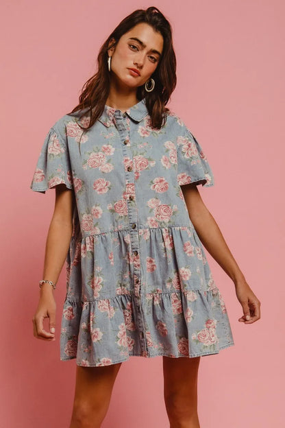 Floral Print Washed Lightweight Tiered Shirt Dress in Lt Denim - product view 11