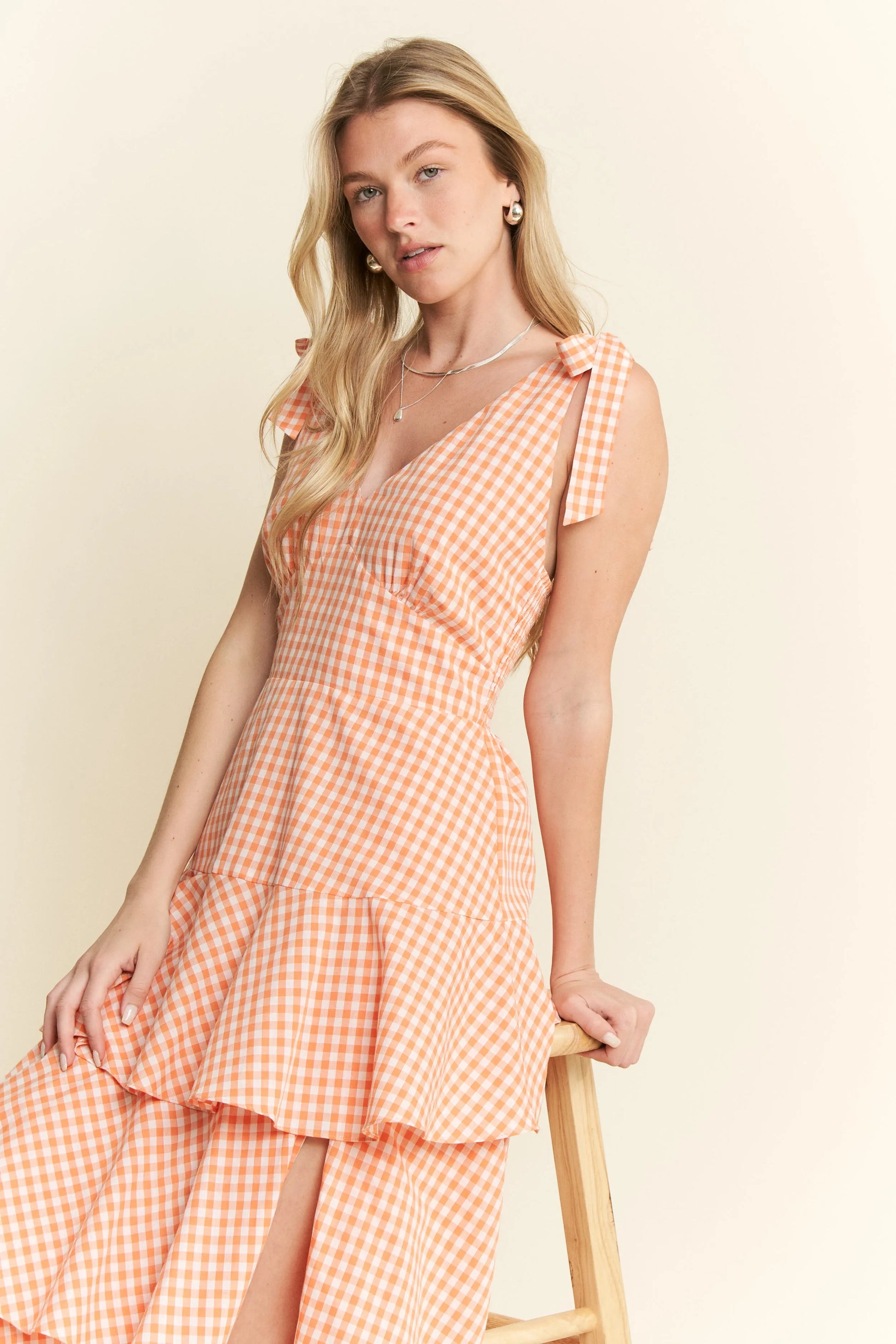 Sleeveless Gingham Print Tiered Midi Dress in Orange - product view 8