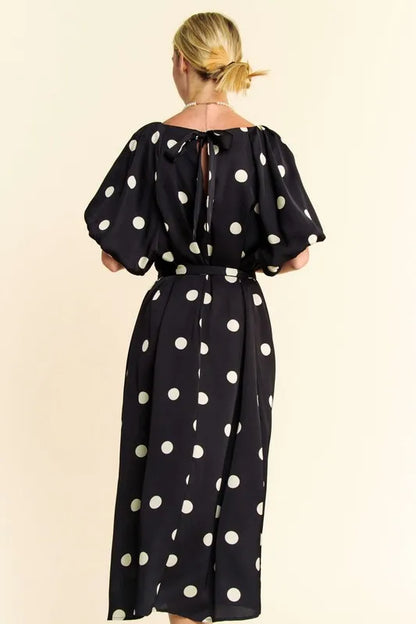 Polka Dot Puff Sleeves Waist Tie Midi Dress in Black - product view 5