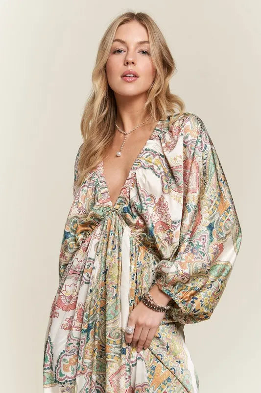 Printed V-Neck Batwing Sleeve Dress - Light Green - product view 6