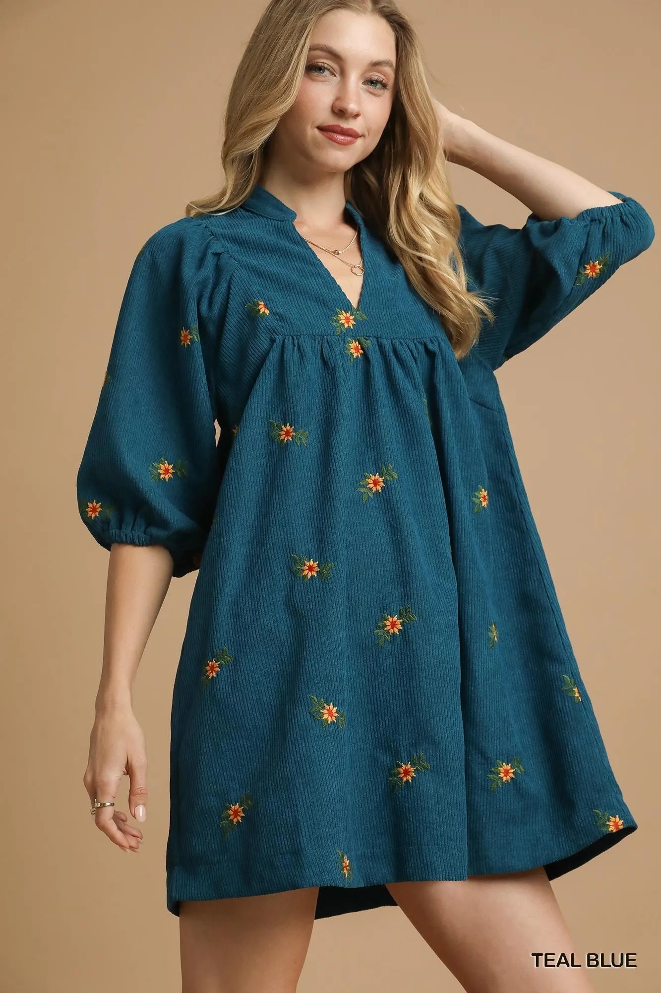 Corduroy Babydoll Dress with Floral Embroidery - Teal Blue - product view 1