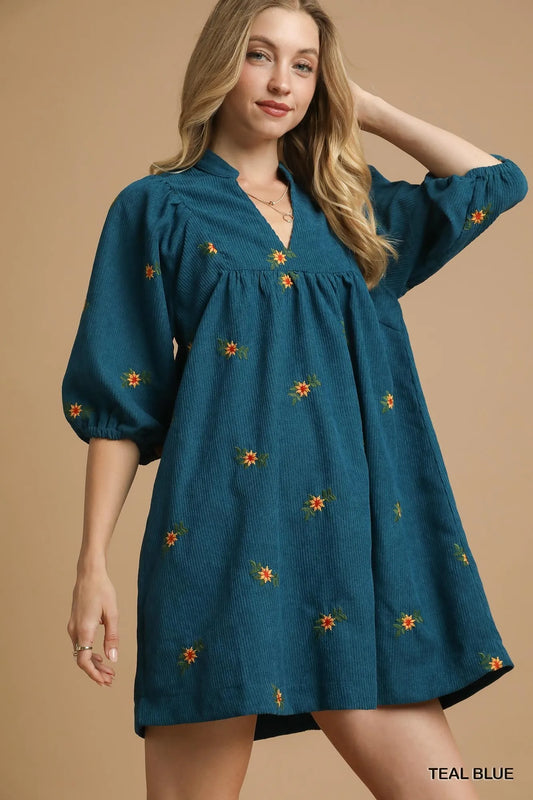 Corduroy Babydoll Dress with Floral Embroidery - Teal Blue - product view 1