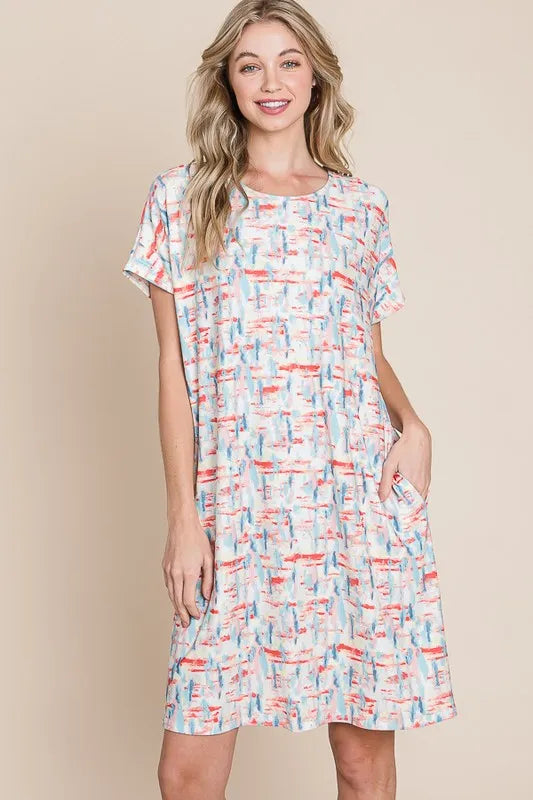 Printed Round Neck Short Sleeve Tee Dress in Red - product view 1