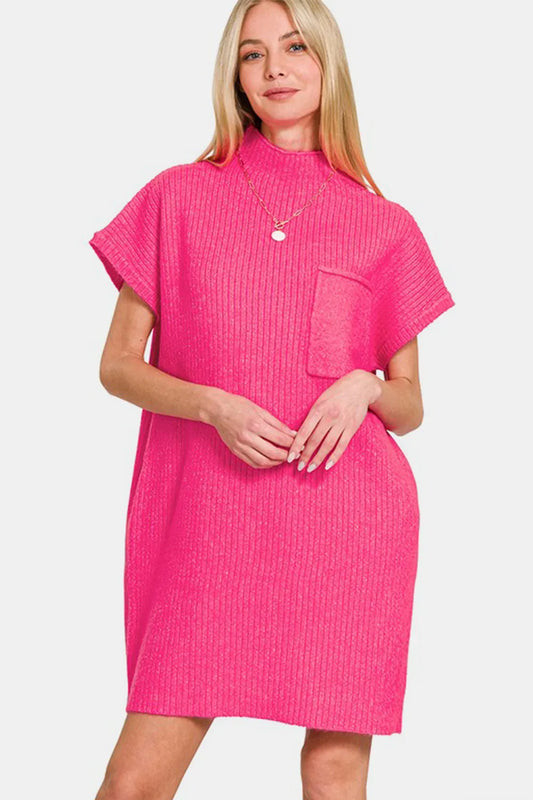 Short Sleeve Sweater Mini Dress - Hot Pink - product view 1