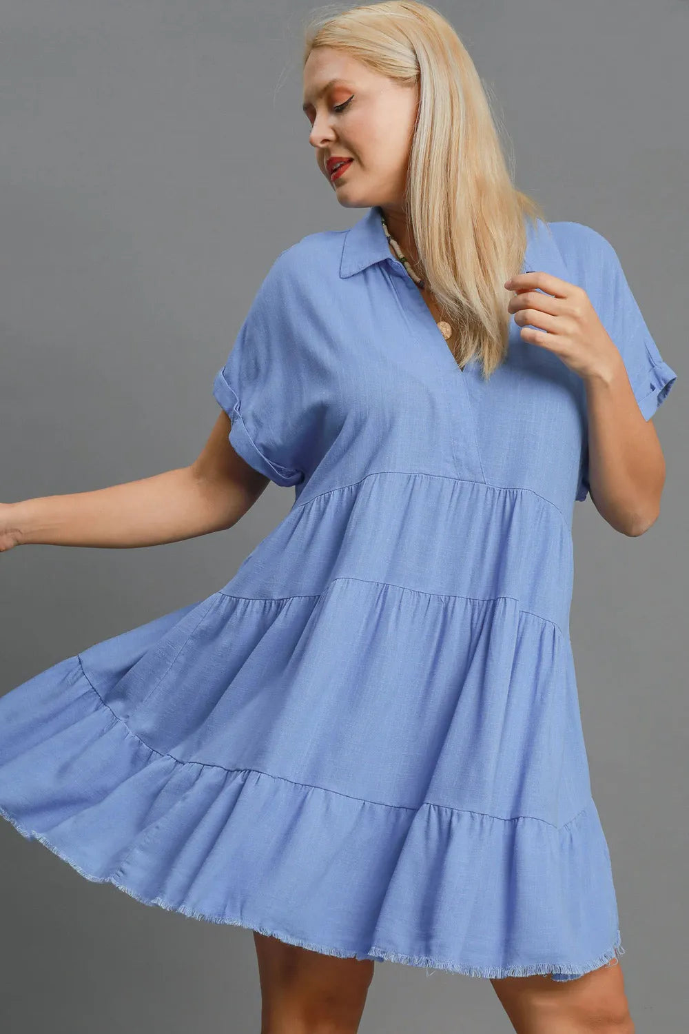 Full Size Raw Hem Folded Sleeve Tiered Dress Plus Size - Sky Blue - product view 2
